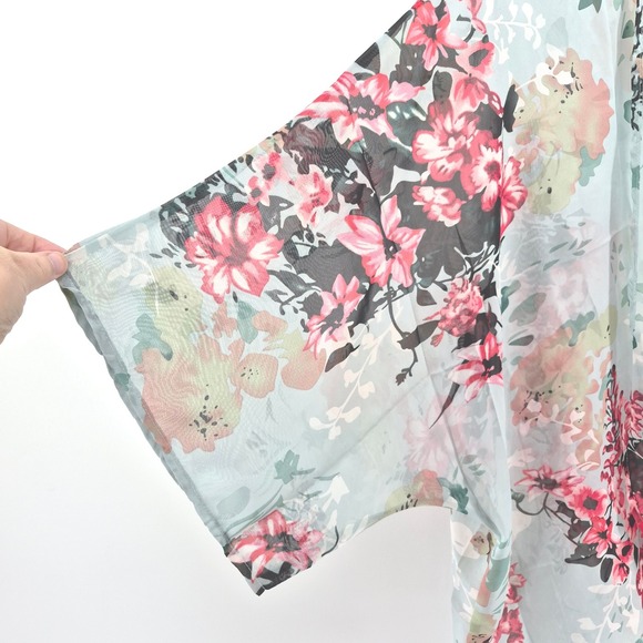 Womens Mint Blue Floral Print Sheer Kimono Lightweight Boho Festival Beachy - Picture 4 of 8